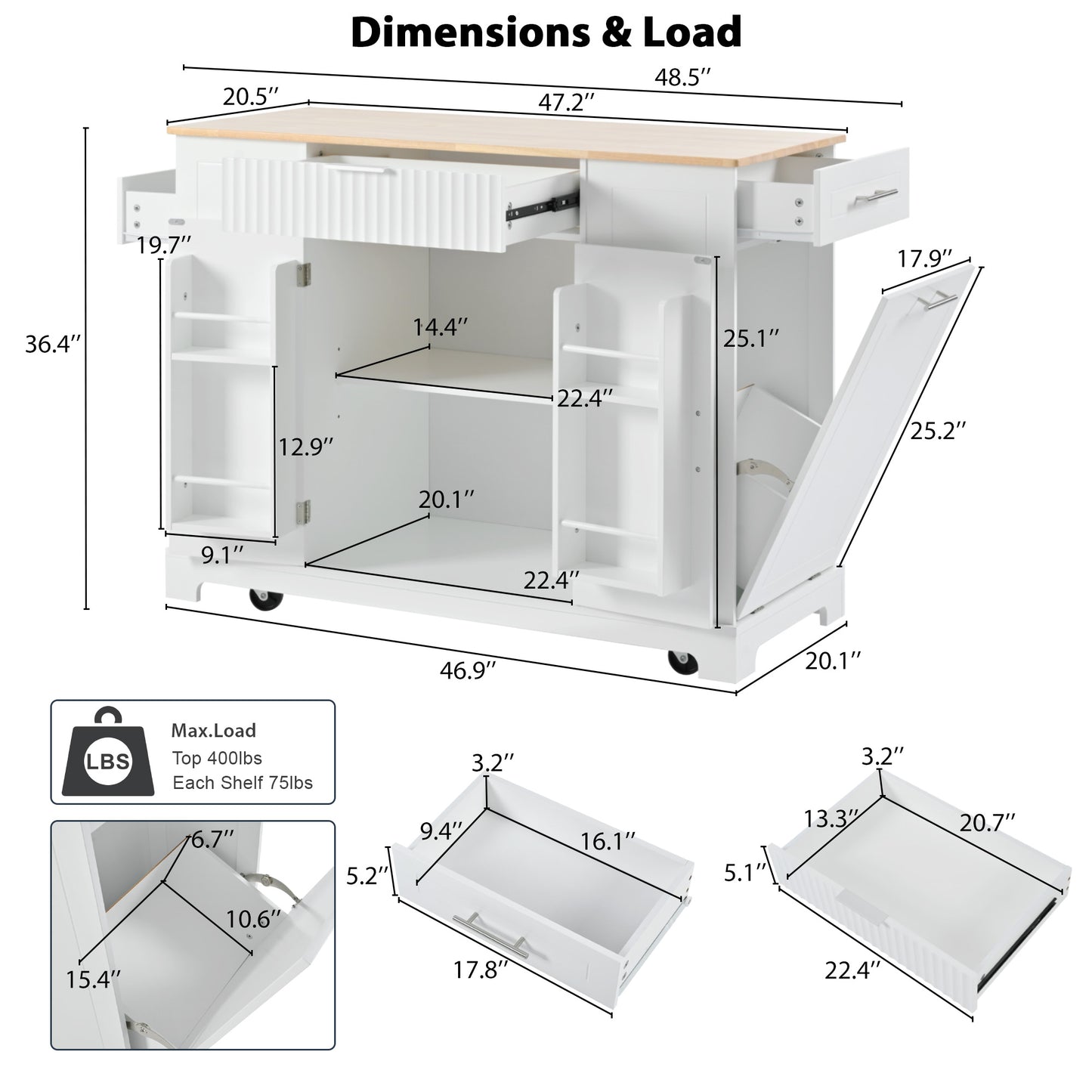 White Rolling Kitchen Island with Trash Can Storage & Power Outlets - 48" Kitchen Cart with 3 Drawers, Open Shelves, Solid Wood Top & 5 Wheels