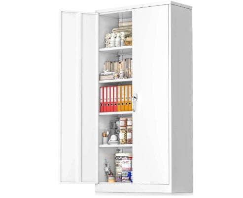 71" Lockable Metal Storage Cabinet with Adjustable Shelves – Heavy-Duty Steel Utility Cabinet (Black/White)