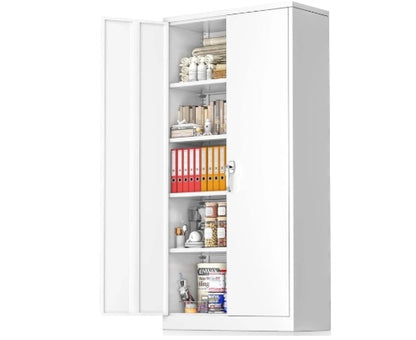 71" Lockable Metal Storage Cabinet with Adjustable Shelves – Heavy-Duty Steel Utility Cabinet (Black/White)