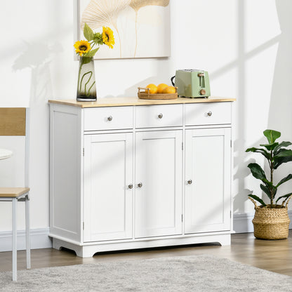 White Sideboard Buffet Cabinet w/ Rubberwood Top & Drawers