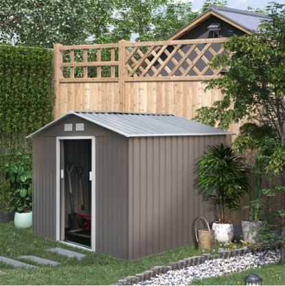 Galvanized Steel Garden Shed 9x6 - Gray Metal Outdoor Storage Shed with Double Doors Vents for Tools Lawn Equipment Patio
