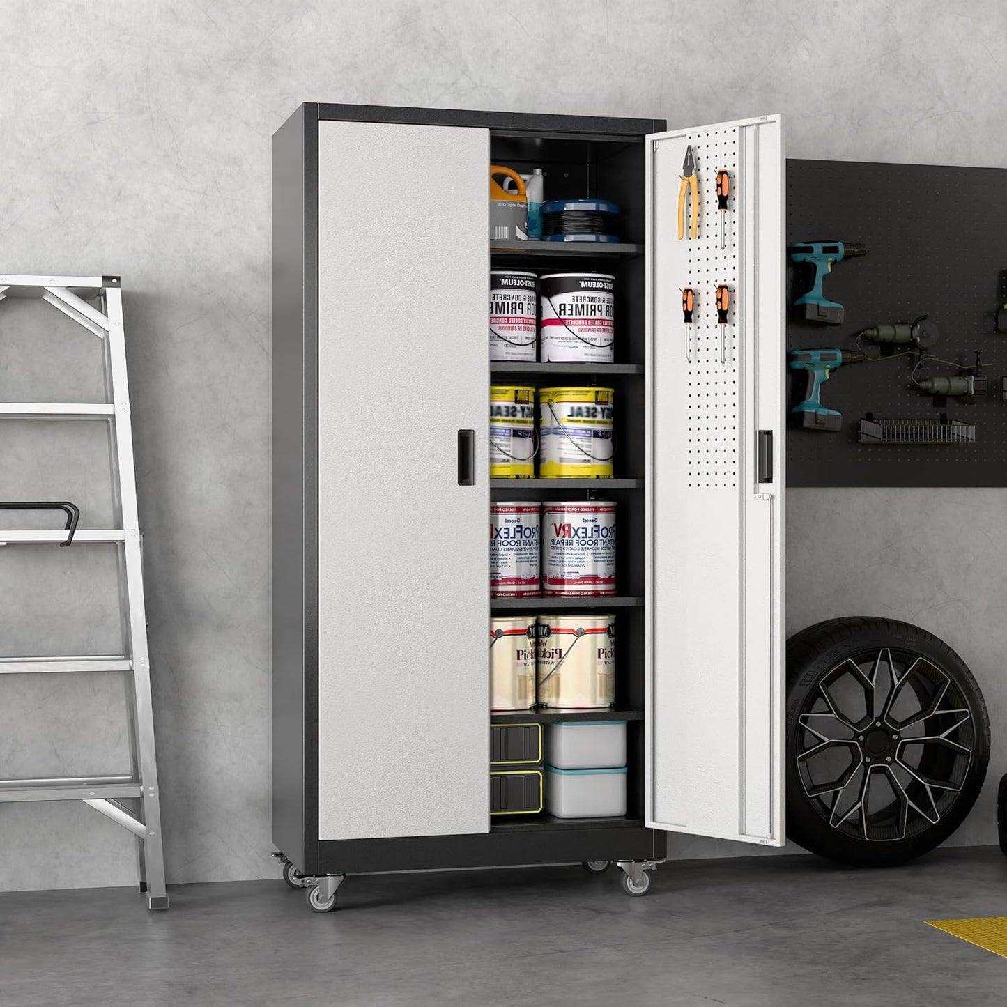 71" Garage Storage Cabinet w/ Wheels Pegboard 5 Shelves