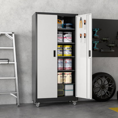 71" Garage Storage Cabinet w/ Wheels Pegboard 5 Shelves