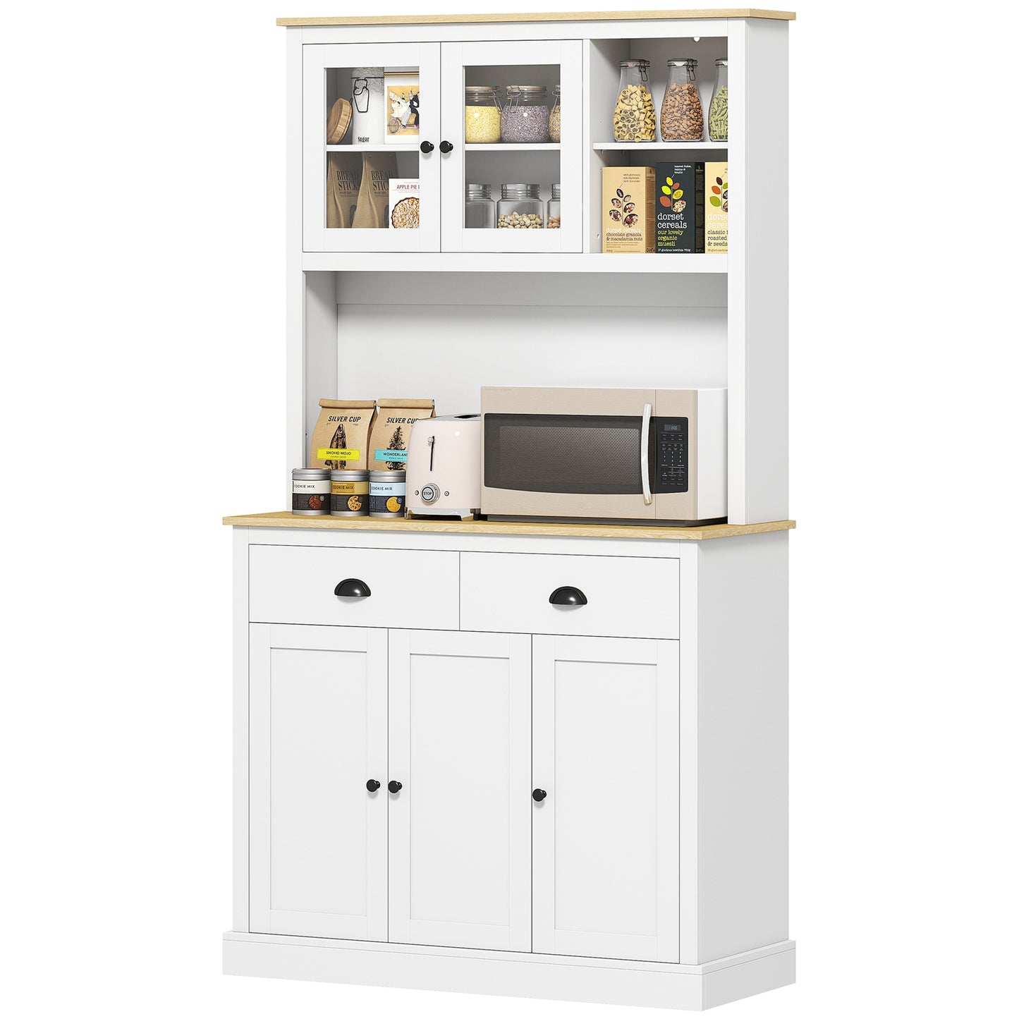 71" Tall White Kitchen Pantry Hutch w/ Countertop & Shelves