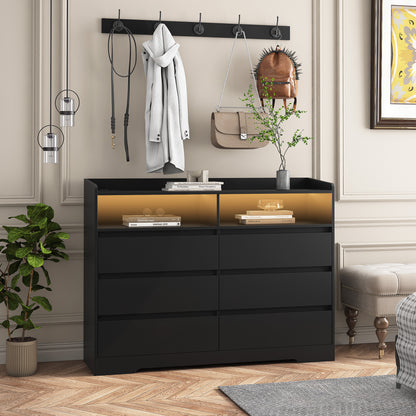 Modern Black Sideboard Cabinet with 6 Drawers & LED Storage Shelf
