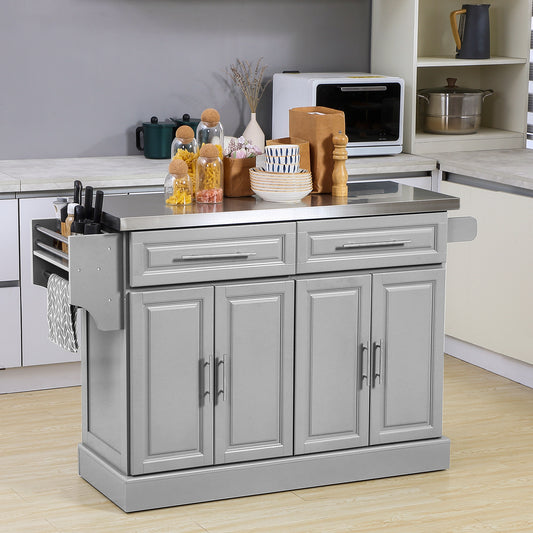 Rolling Kitchen Island Cart with Stainless Steel Top, Adjustable Shelves, 2 Drawers, Spice, Knife and Towel Rack, Gray