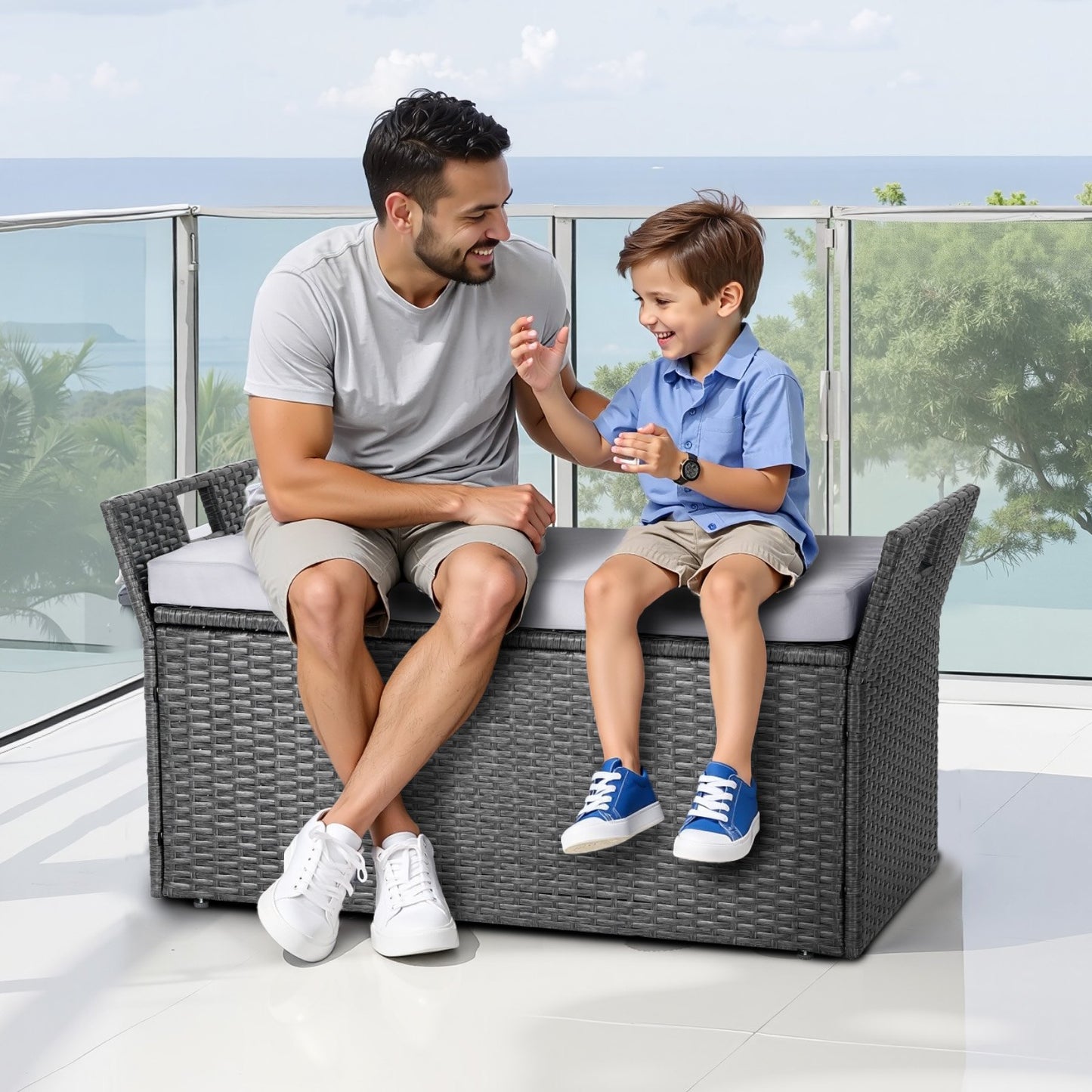 Outdoor Storage Bench with Cushion - 40 Gallon Gray PE Rattan Deck Box Patio Seat Waterproof for Cushions Pool Supplies Garden Tools