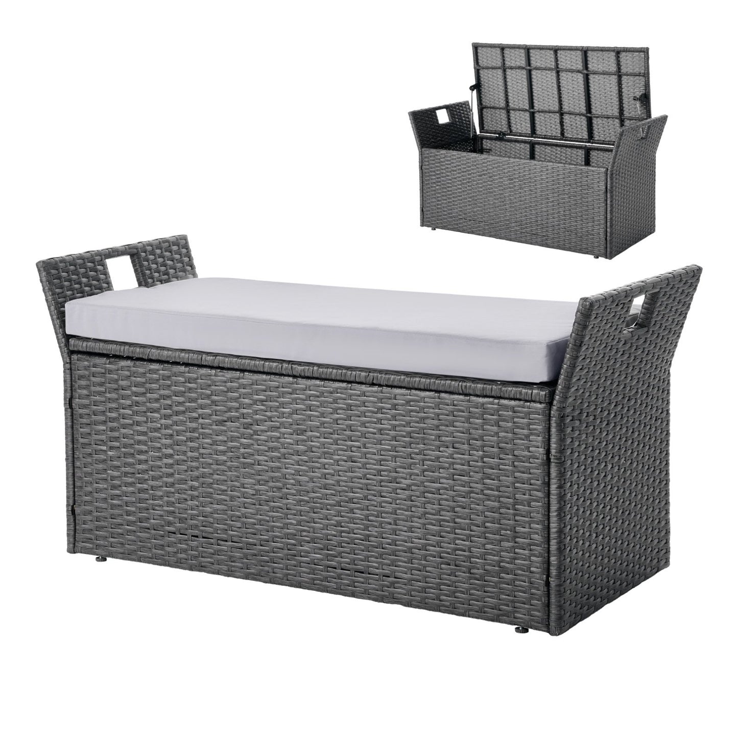 Outdoor Storage Bench with Cushion - 40 Gallon Gray PE Rattan Deck Box Patio Seat Waterproof for Cushions Pool Supplies Garden Tools
