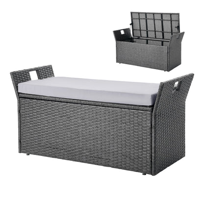 Outdoor Storage Bench with Cushion - 40 Gallon Gray PE Rattan Deck Box Patio Seat Waterproof for Cushions Pool Supplies Garden Tools
