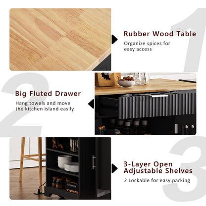 Black Rolling Kitchen Island with Trash Can Storage & Power Outlets - 48" Kitchen Cart with 3 Drawers, Open Side Racks, Solid Wood Top & 5 Wheels